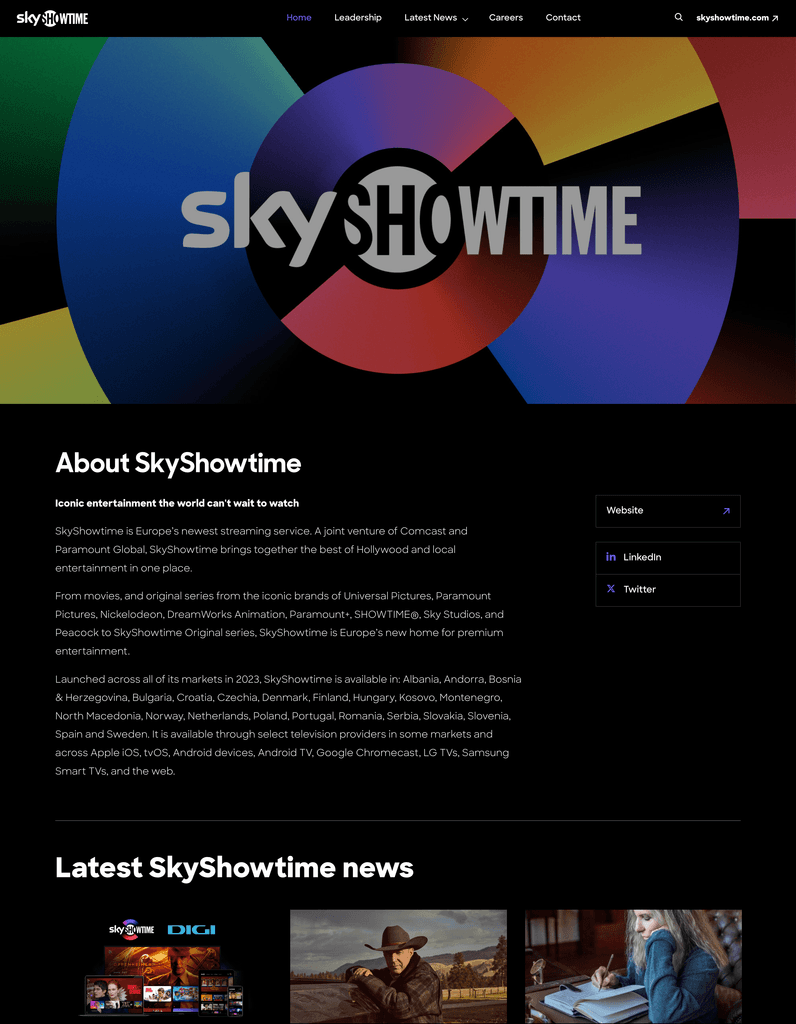 SkyShowtime newsroom example showcasing latest news and press releases