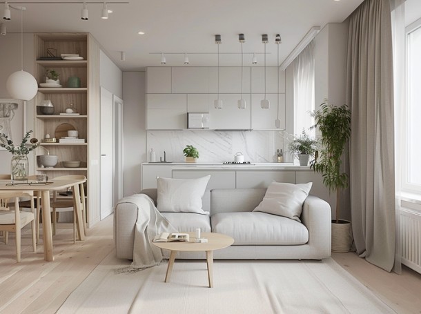 Jasne wnętrze salonu z aneksem kuchennym w stylu skandynawskim, z beżową sofą, drewnianym stolikiem kawowym, białymi meblami kuchennymi i dużym oknem zasłoniętym jasnymi zasłonami.