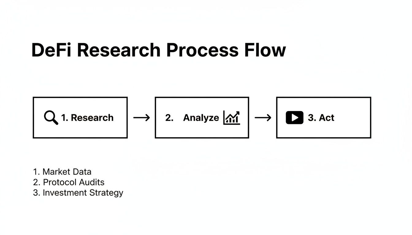 A flowchart illustrates the DeFi research process: Research, Analyze, and Act, detailing market data, protocol audits, and investment strategy.