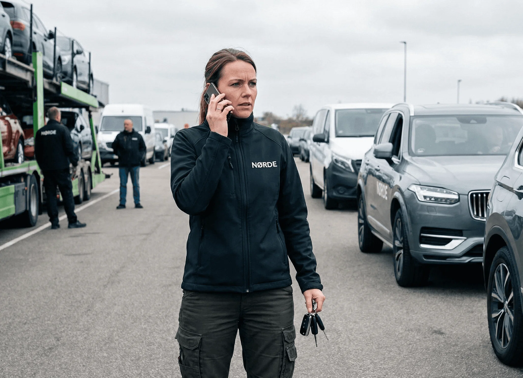Woman talking on a mobile phone in a parking lot with several vans.