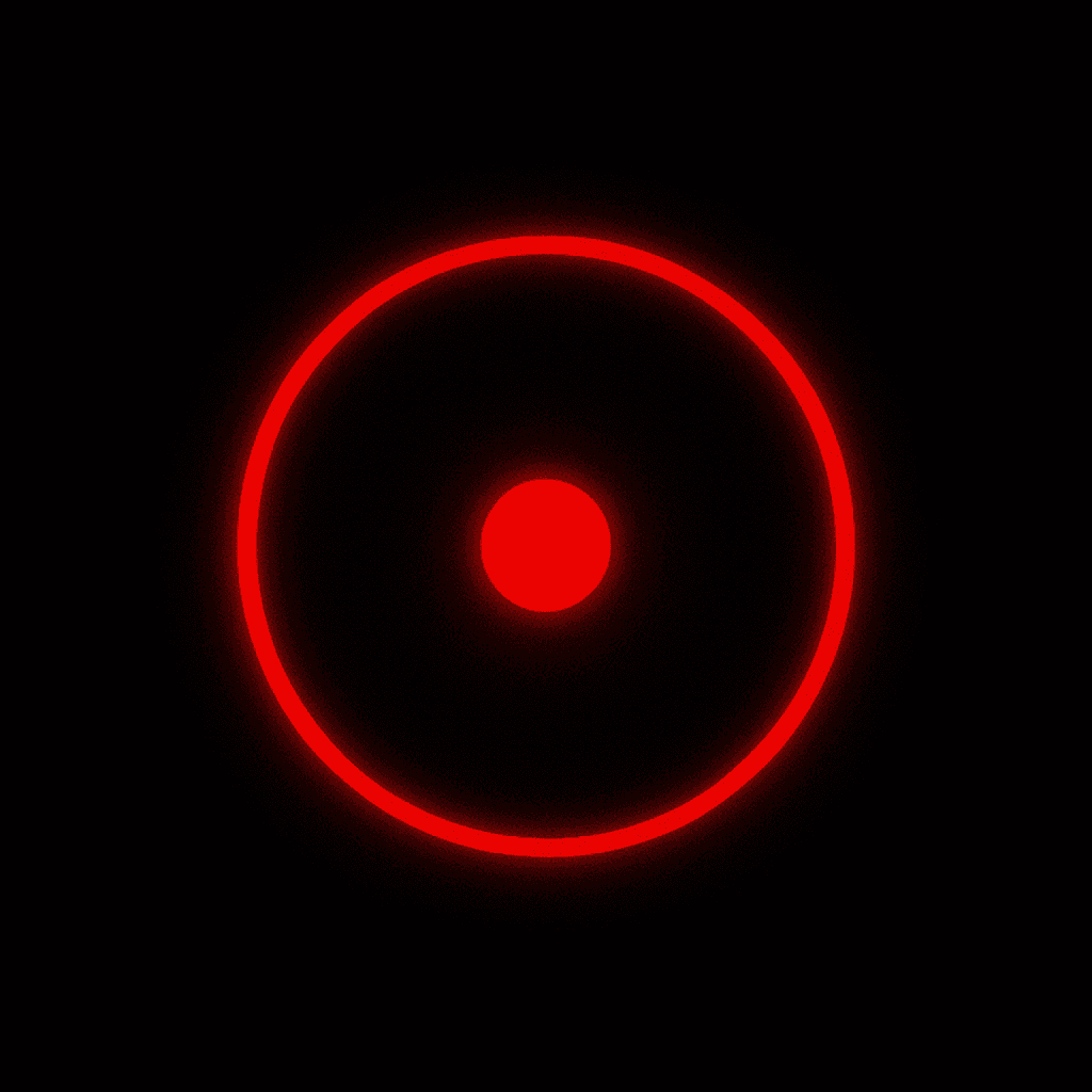 Symbol of the Seekers — the glowing red Temple mark of Cirqus Heresy, representing the first rank of initiation. A bright central core surrounded by a radiant circular halo, signifying insight, awakening, and entry into the Order’s path.