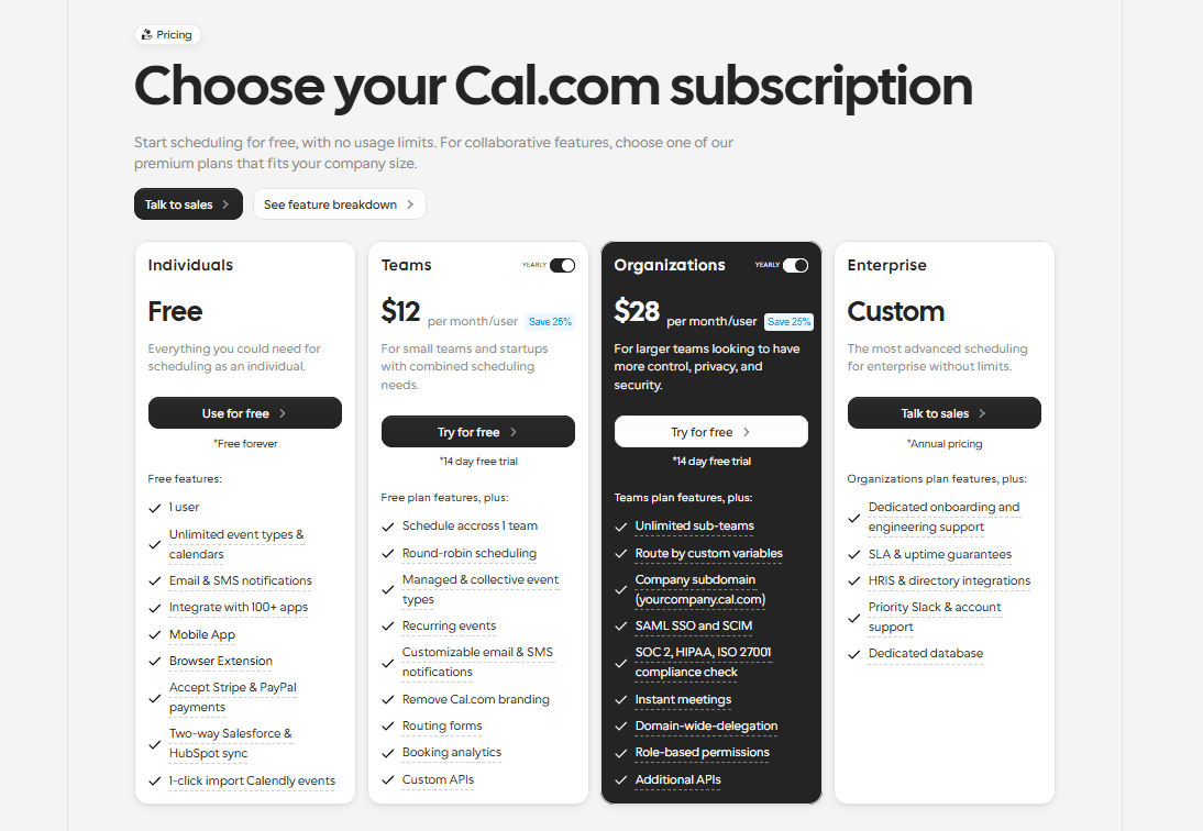 Cal.com Subscription Pricing
