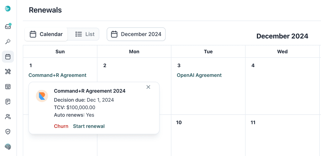 Renewal calendar showing upcoming renewals.