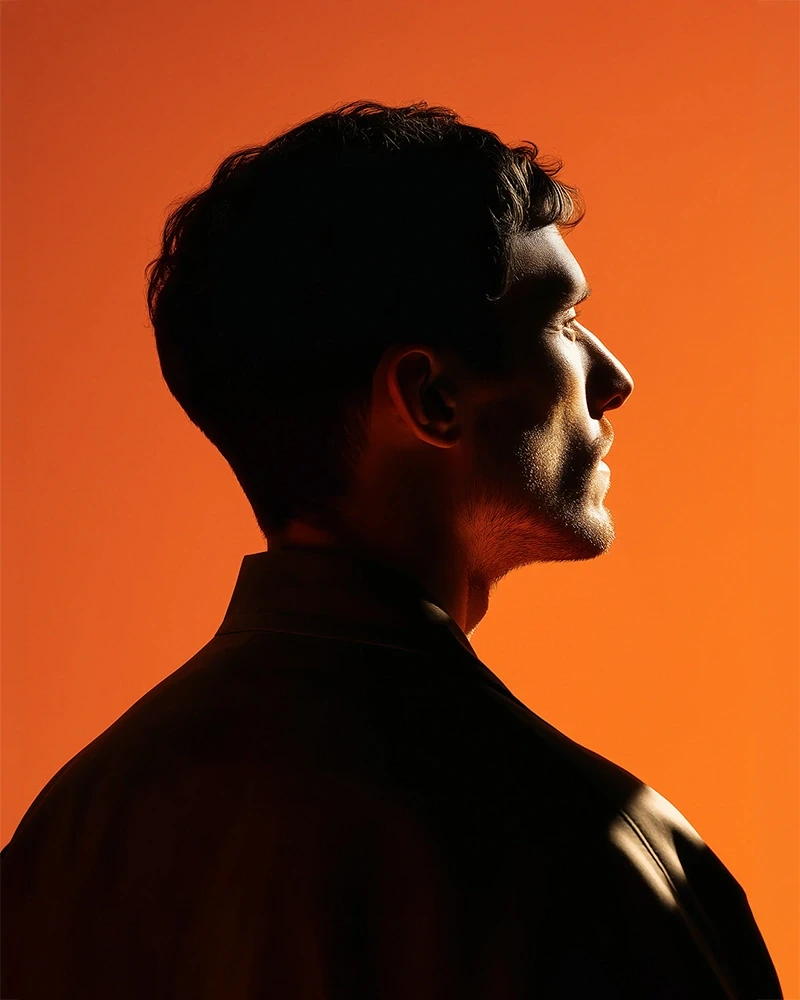 Dramatic side profile of a man with short hair against a vibrant orange background.
