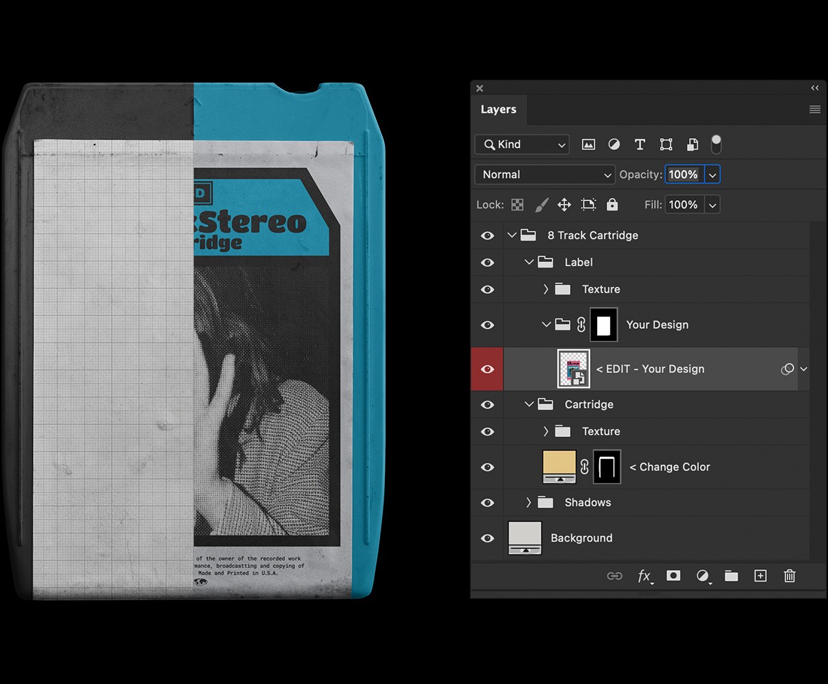 8-Track Cartridge Mockup showing organized Photoshop layers and smart object placement for custom designs