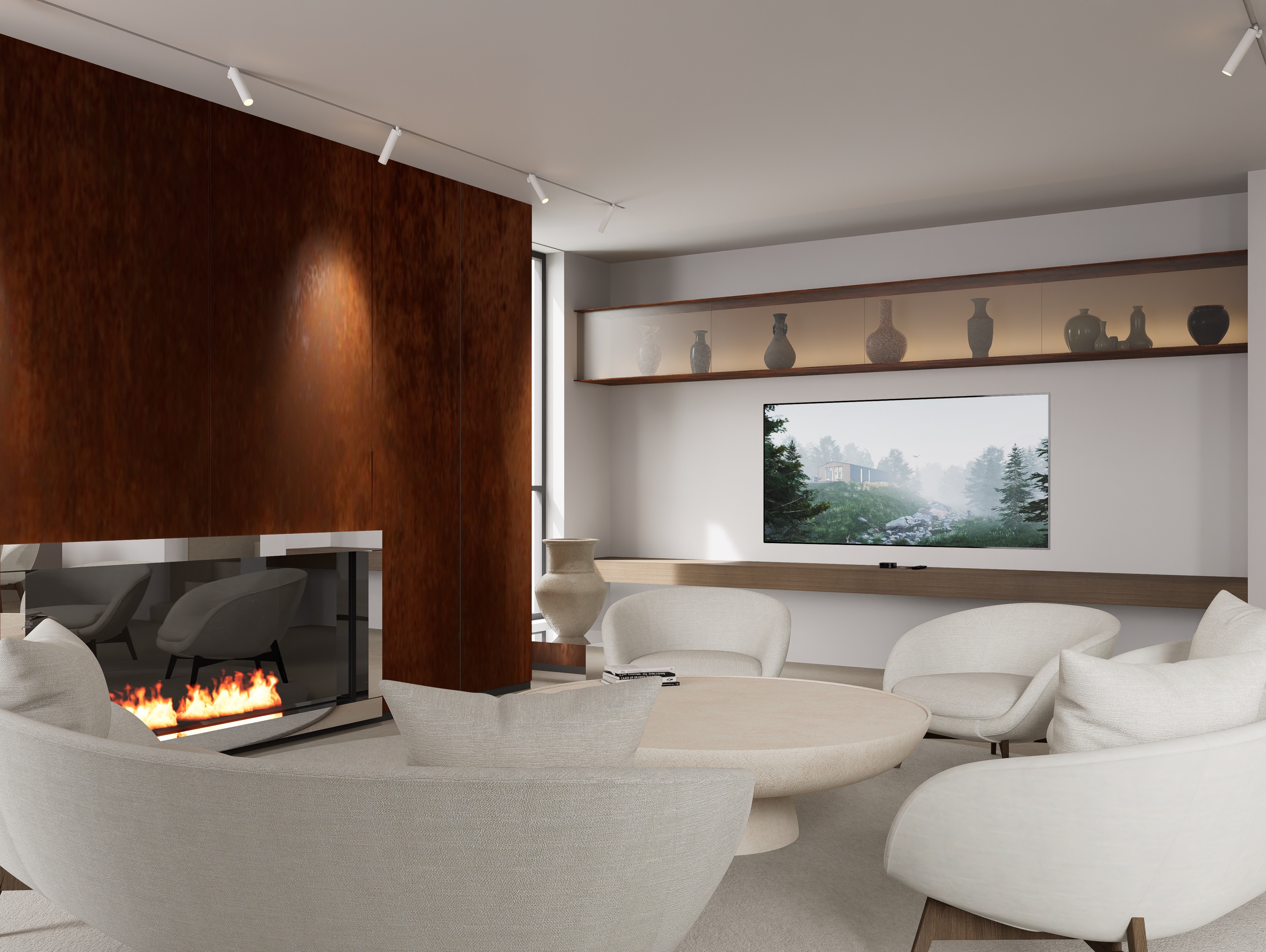 Interior architecture of a Nicosia residence living room, featuring expansive glazing for natural ventilation and custom-authored timber shelving integrated into the architectural shell by topos design studio