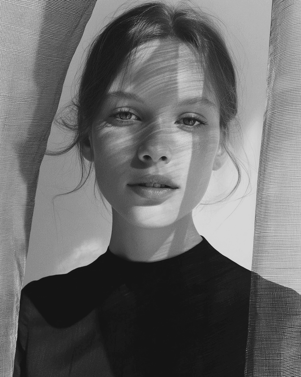 A closeup of a lady covered in a loose cloth in black and white with sun rays hitting a face from an angle