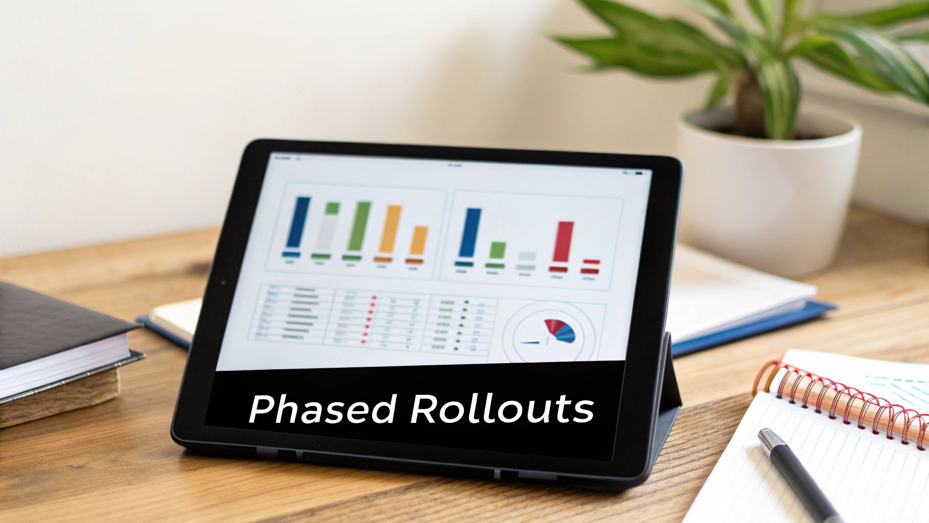 Tablet on a wooden desk displays 'Phased Rollouts' alongside colorful bar and pie charts.