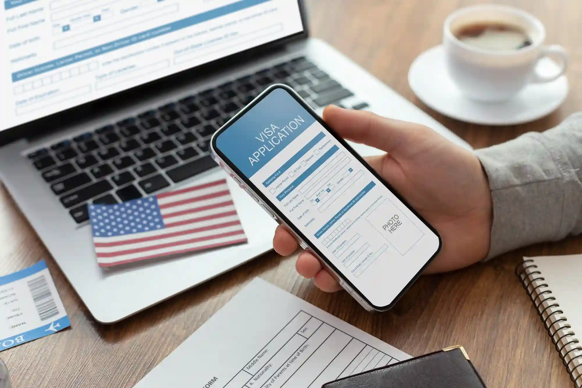 A person using a smartphone to complete a US visa application, symbolizing a seamless digital mapping and integration process.