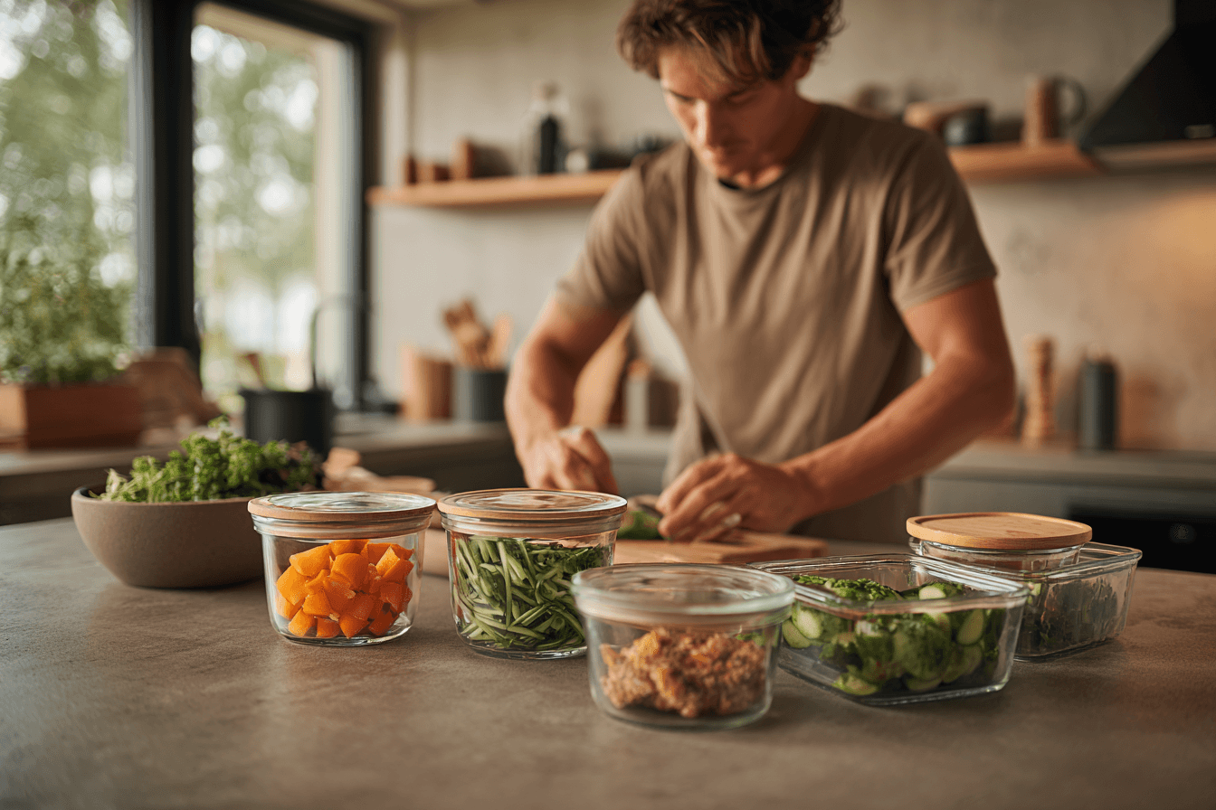 Person bereitet frische Mahlzeiten in Glasbehältern vor – SilentAngels® Mealprep und Essensorganisation.