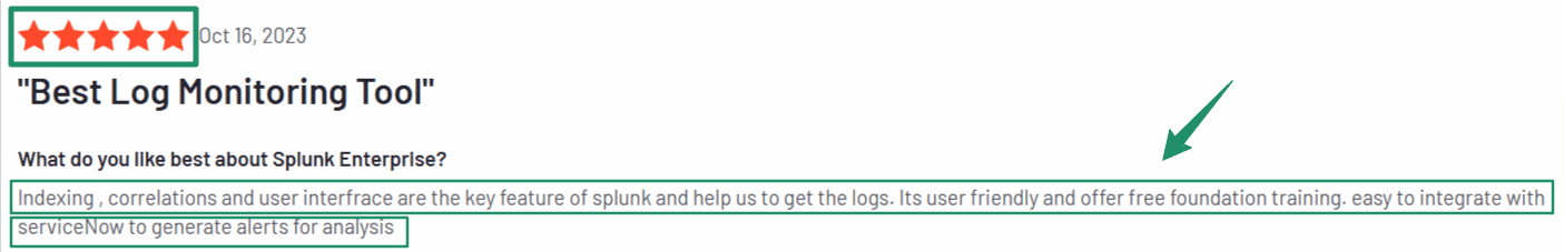Splunk Enterprise review highlighting strong log indexing, correlations, and ServiceNow integration