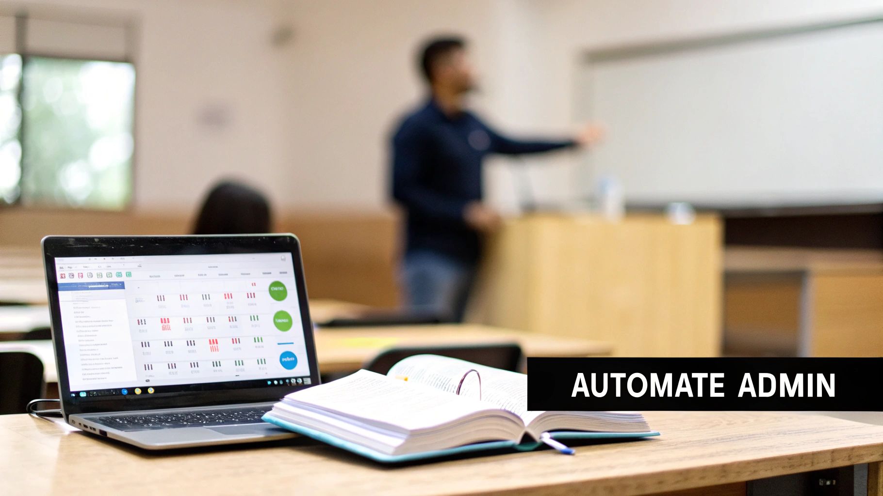 A laptop and an open book on a classroom desk, with a blurry presenter and whiteboard in the background, displaying 'AUTOMATE ADMIN'.