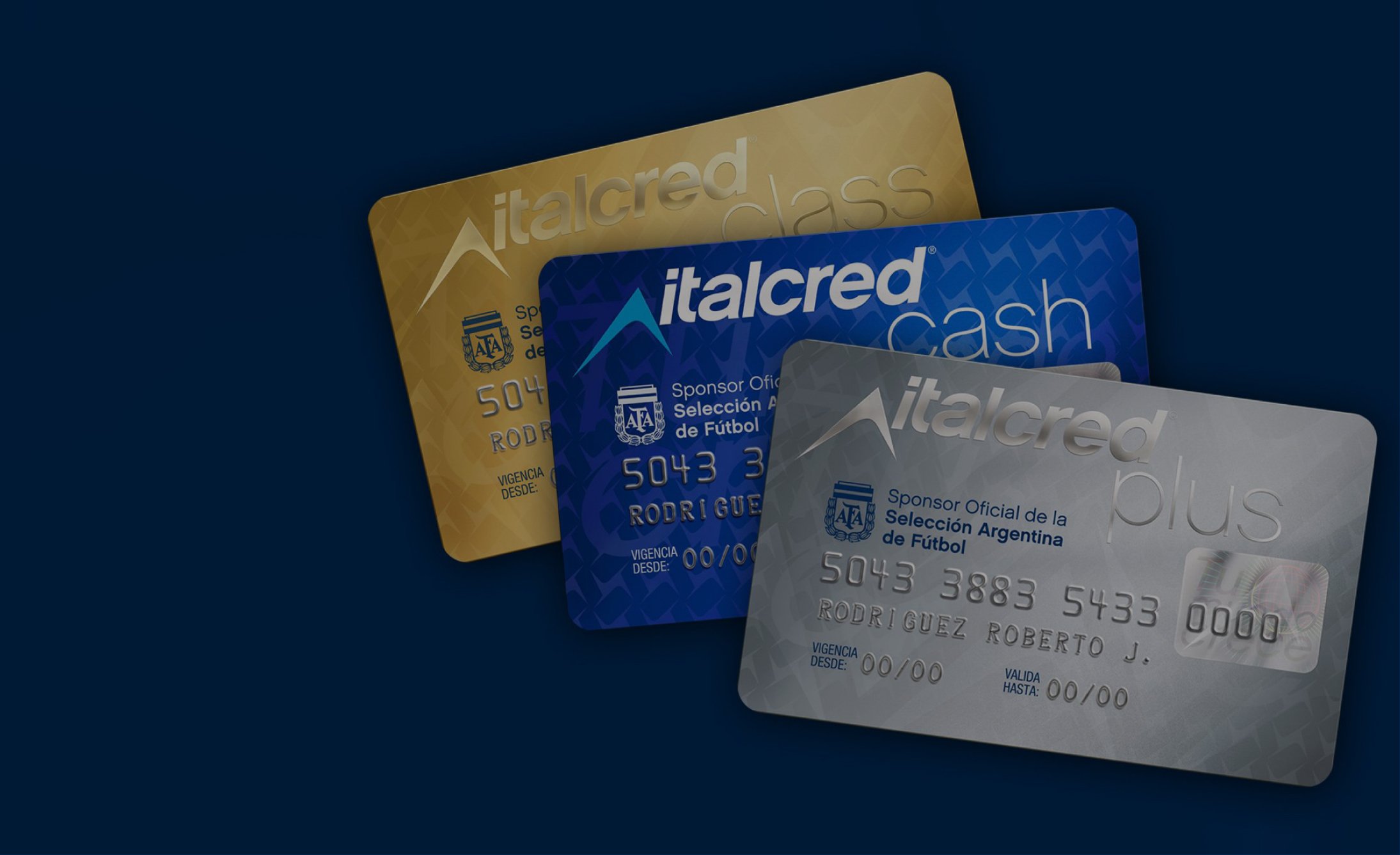 Three Italcred credit cards are fanned out on a dark blue background. The cards are gold, blue, and silver, featuring text and logos.