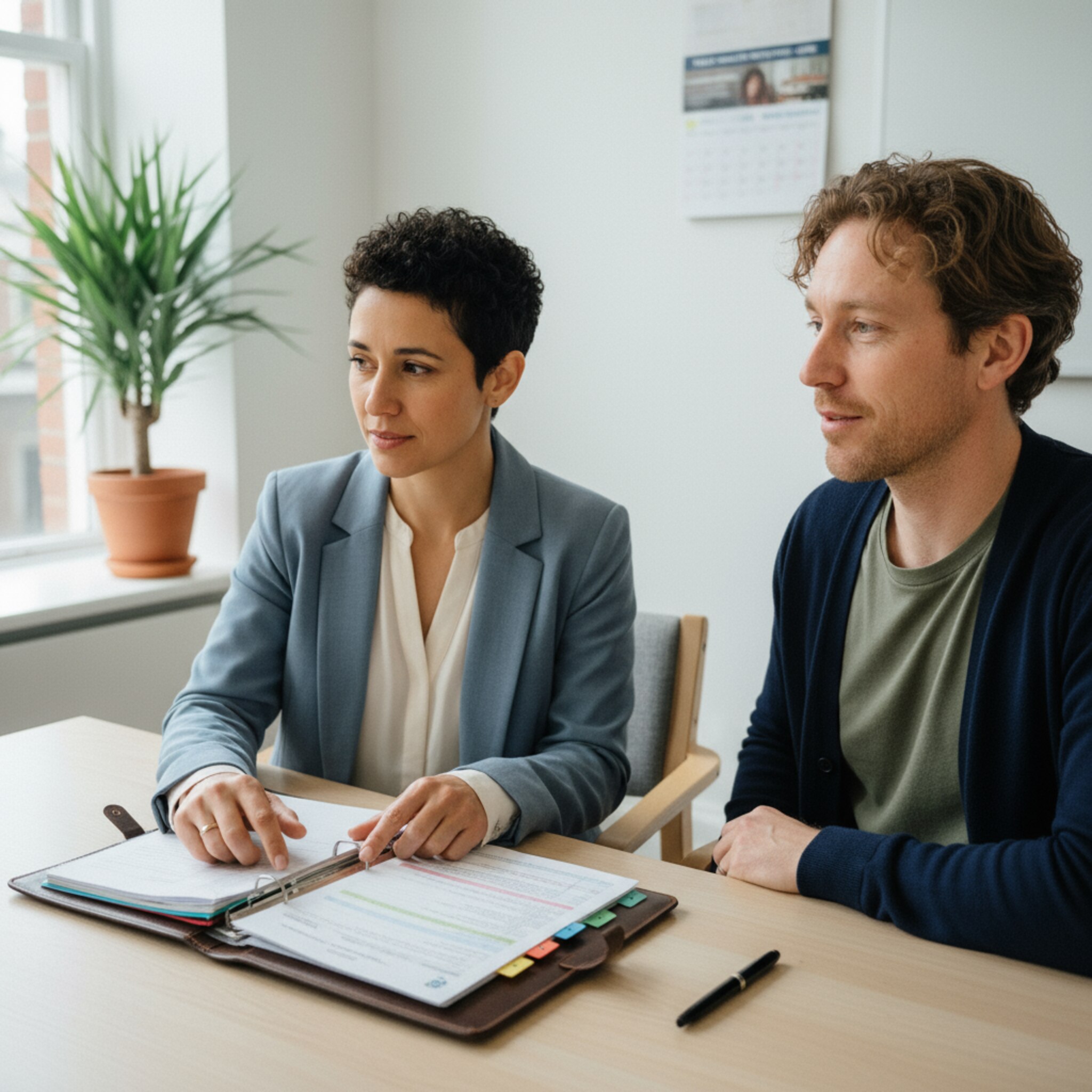 Ein Besprechungsraum mit geöffneter Aktenmappe, in der strukturierte Formulare und farbige Registerblätter stecken. Eine Person zeigt auf eine markierte Stelle, eine andere nickt zustimmend. Durch das Fenster fällt weiches Licht, die Atmosphäre ist konzentriert und sachlich.