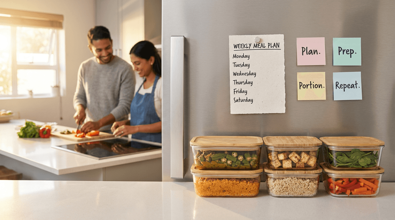 Weekly meal plan for weight loss pinned to refrigerator with prepped containers