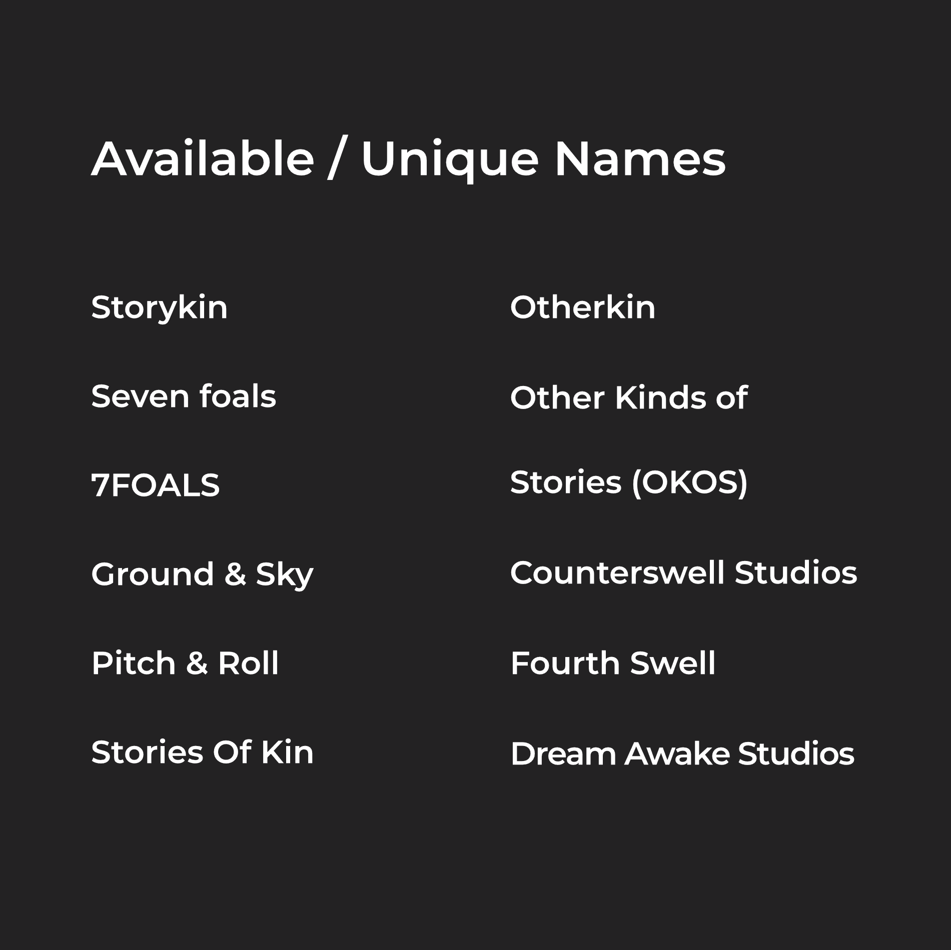 Black slide with a list of company/brand names in white text.