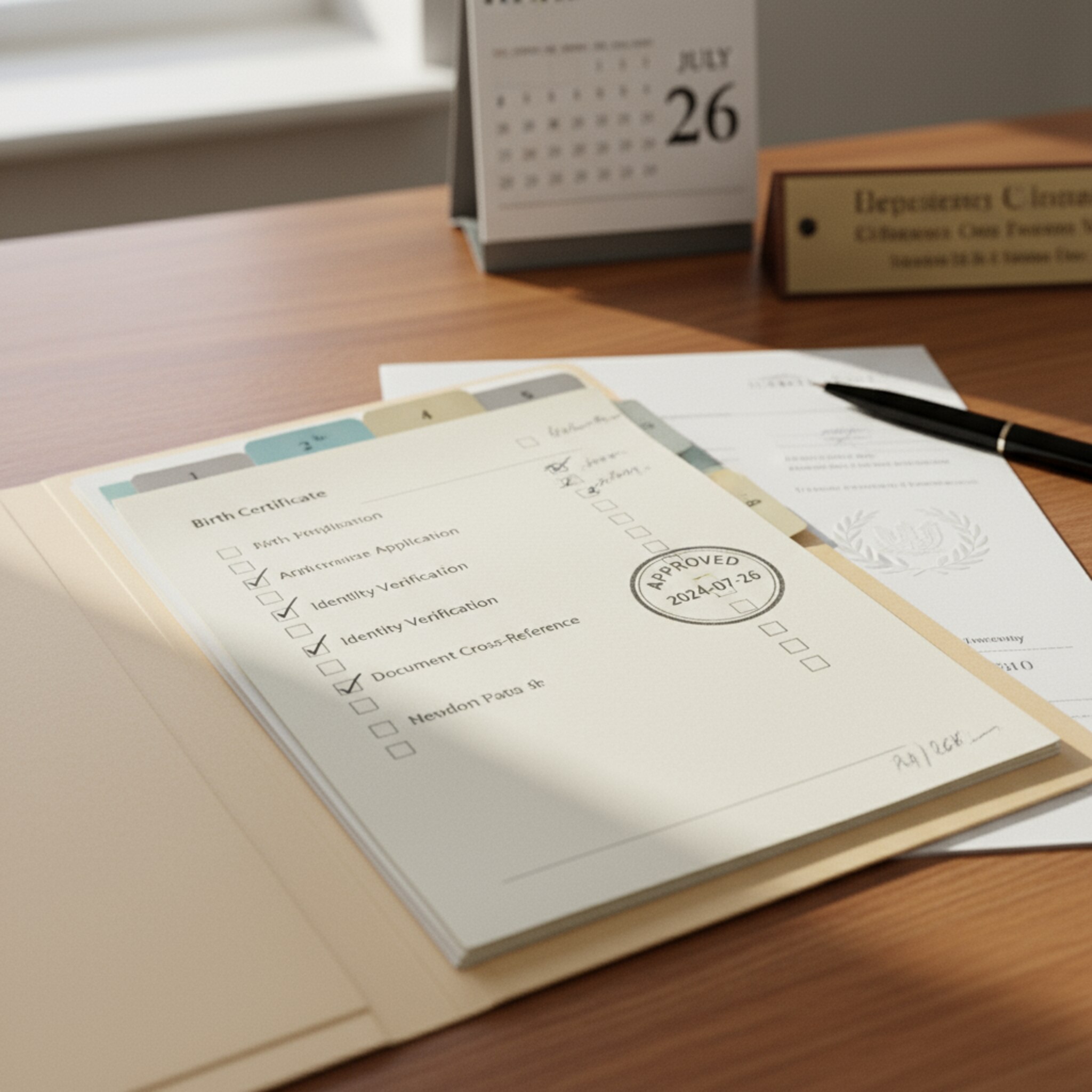 Auf einem aufgeräumten Behörden-Schreibtisch liegt eine geordnete Akte mit sauber abgehakten Checklisten. Ein neutraler Stempel und nummerierte Registerreiter strukturieren die Unterlagen. Das Licht fällt gleichmäßig auf das Papier, die Szene wirkt verbindlich und nachvollziehbar.