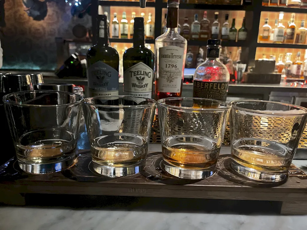 Various spirits in tasting glasses for a staff education