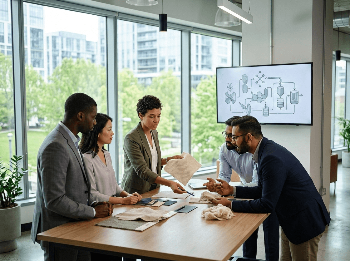 A collaborative group of diverse industry professionals and supply chain partners discussing sustainable textile innovation, modern bright office setting, professional, no text, no logos, no icons