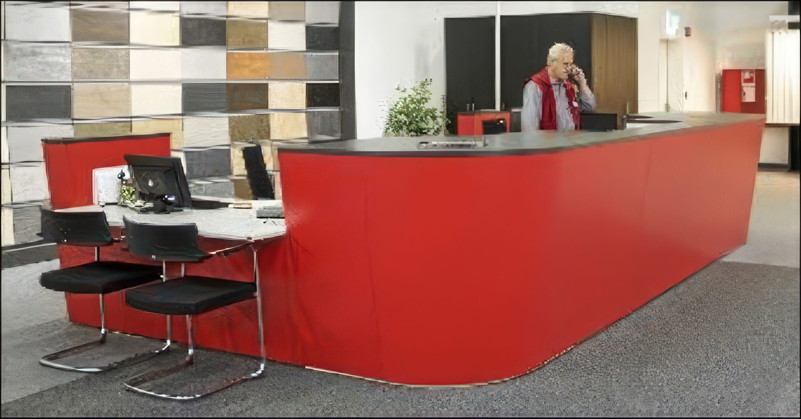 MW Interior - Großer geschwungener roter Empfangs- und Beratungstresen mit Mitarbeiter und Materialmustertafeln im Hintergrund in einem Baustoff-Fachmarkt" Beschreibung: Weitläufiger geschwungener Empfangstresen in kräftigem Rot mit anthrazitfarbener Arbeitsplatte – ein farbstarkes, funktionales Möbel für den täglichen Beratungsbetrieb im Baustoffhandel, ergänzt durch eine raumgliedernde Materialmustertafelwand.