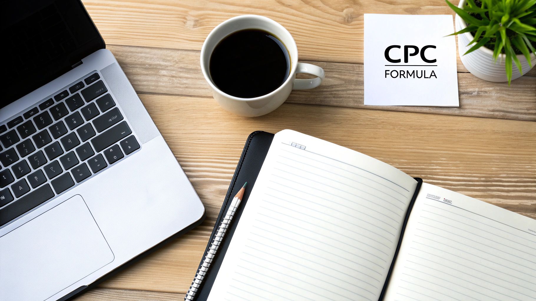 A flat lay of a wooden desk with a laptop, coffee, open notebook, and a note reading 'CPC FORMULA'.