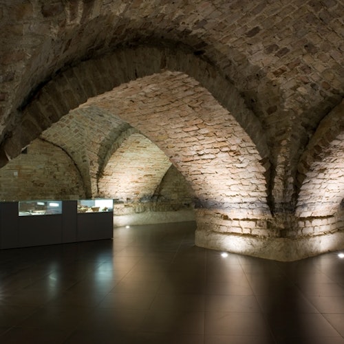 Dimly lit room with arched brick ceilings and display cases against the walls, showcasing an underground or historic setting.