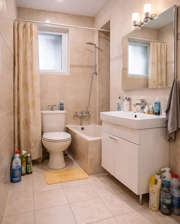 Μπάνιο πριν την ανακαίνιση με παλιά πλακίδια, μπανιέρα και φθαρμένο εξοπλισμό