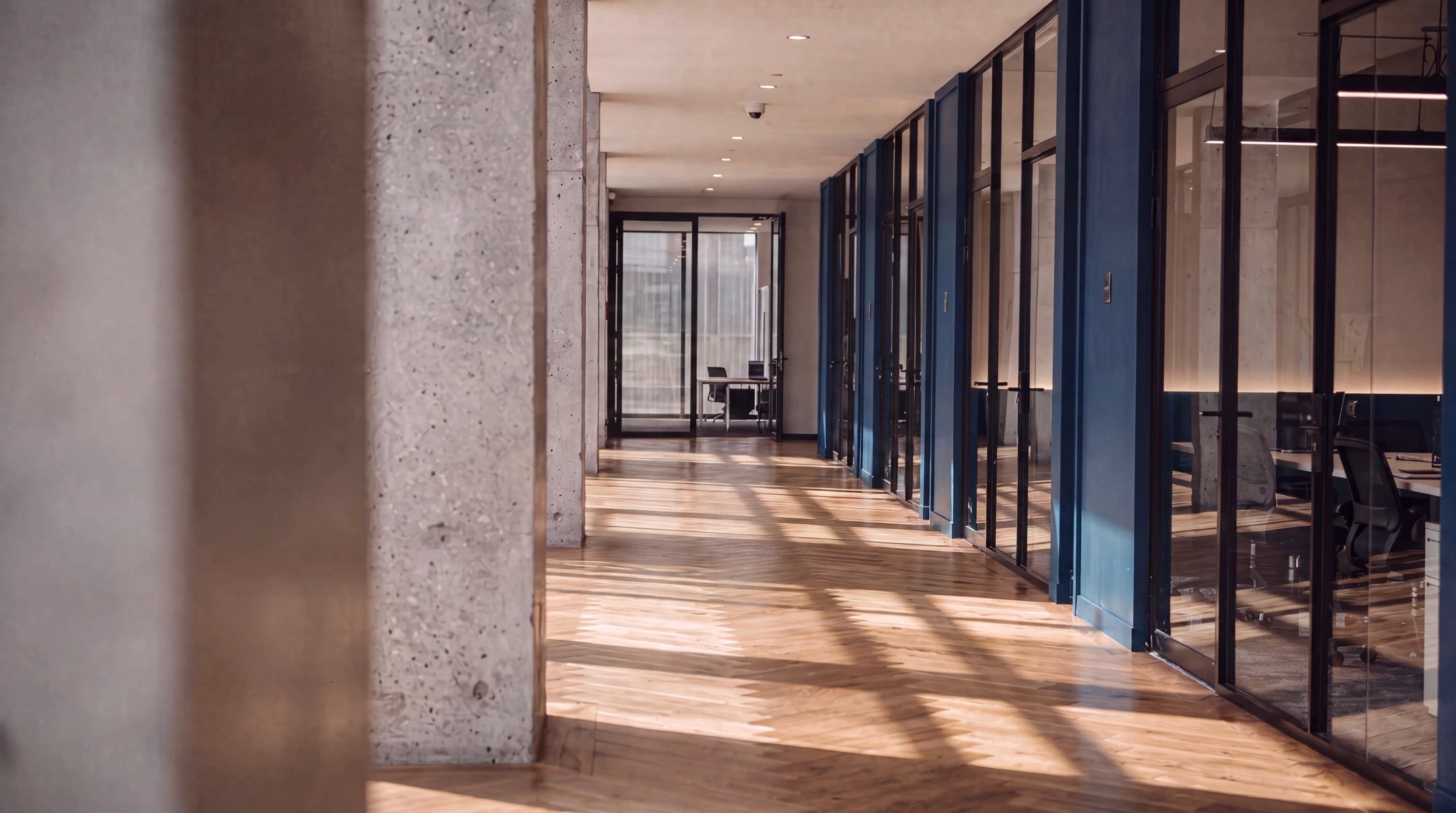 Sunlit modern office corridor with wood floors, concrete columns and glass-walled offices