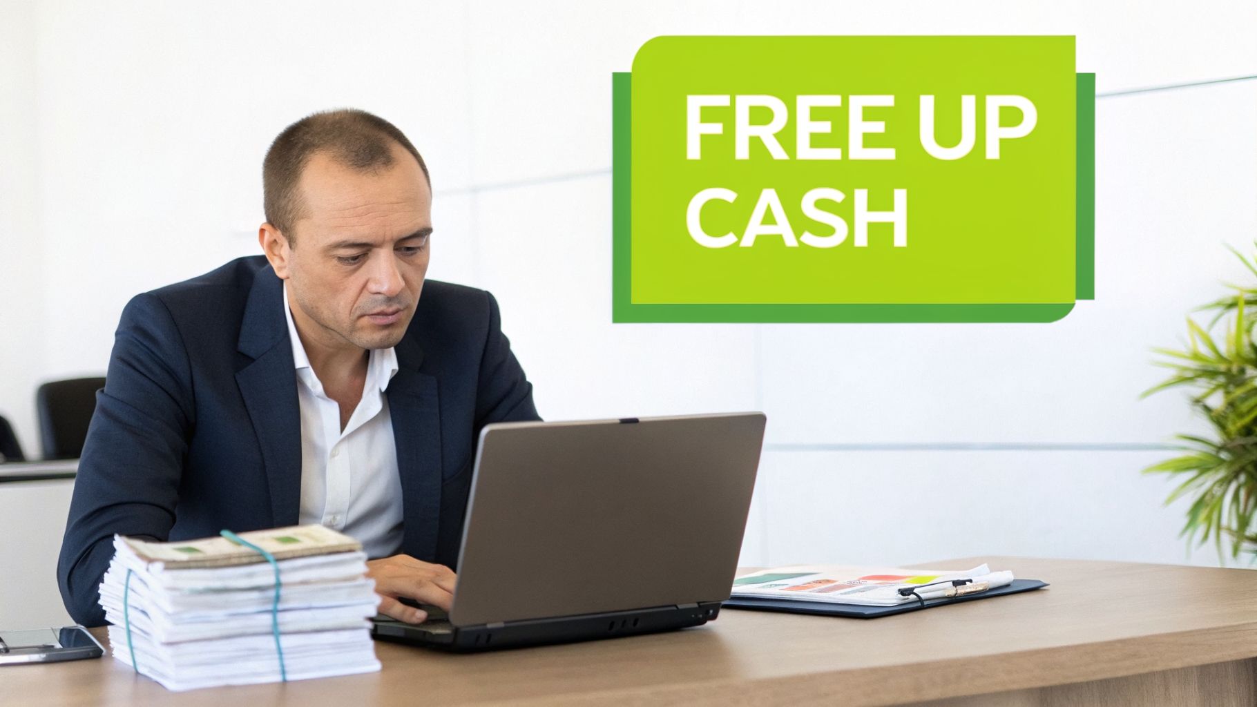 A businessman works on a laptop at a desk with a stack of cash and a 'FREE UP CASH' banner in the background.