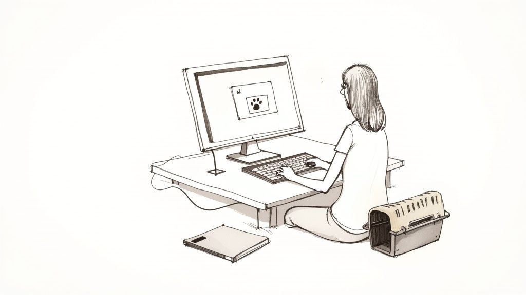 A woman works on a computer showing a paw print, with a pet carrier nearby.