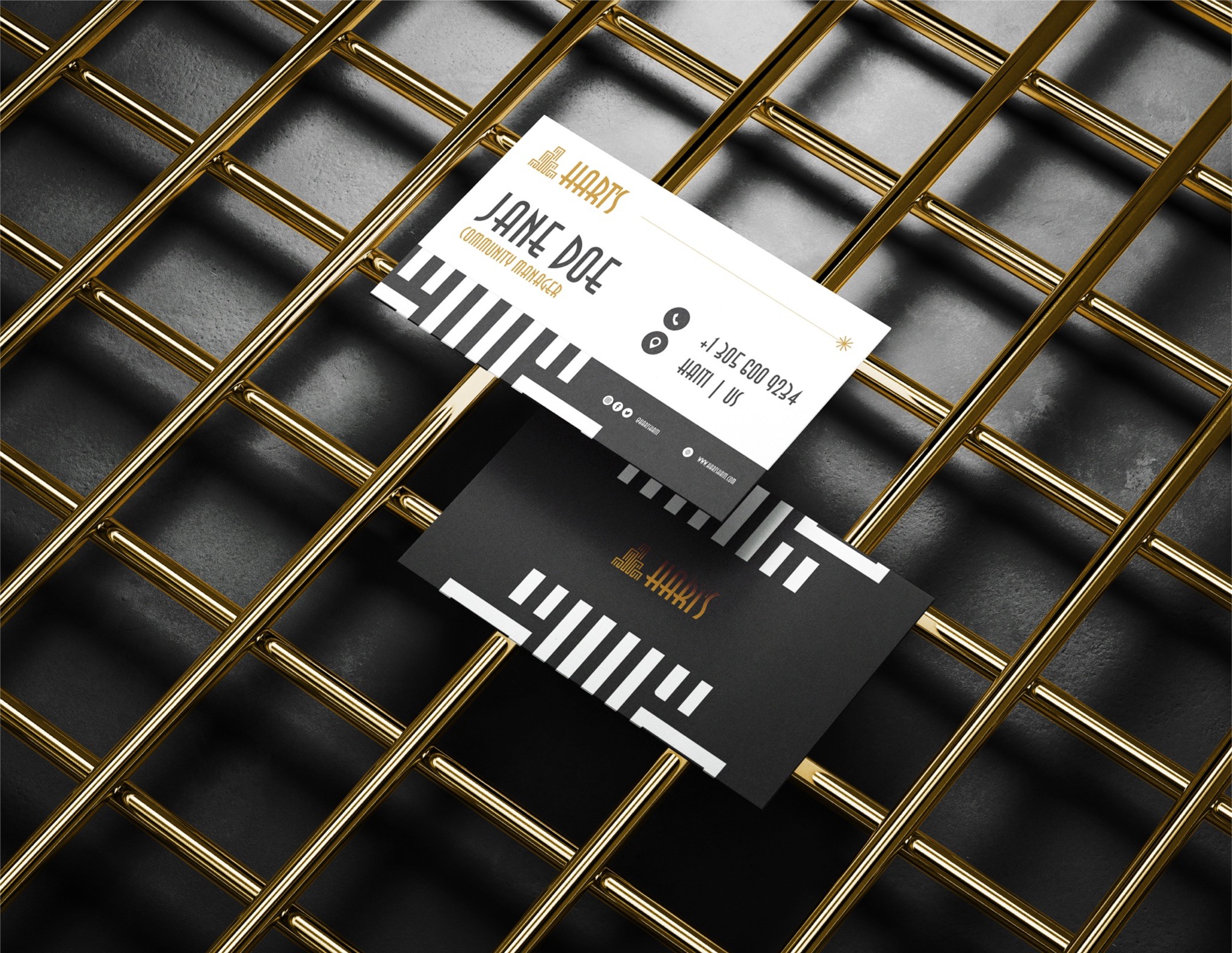 Business cards on gold grid, contrasting black and white designs.