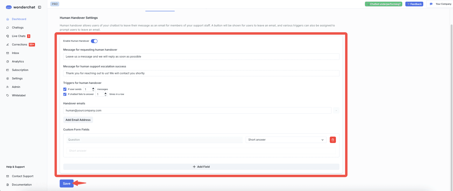 Wonderchat Save Settings