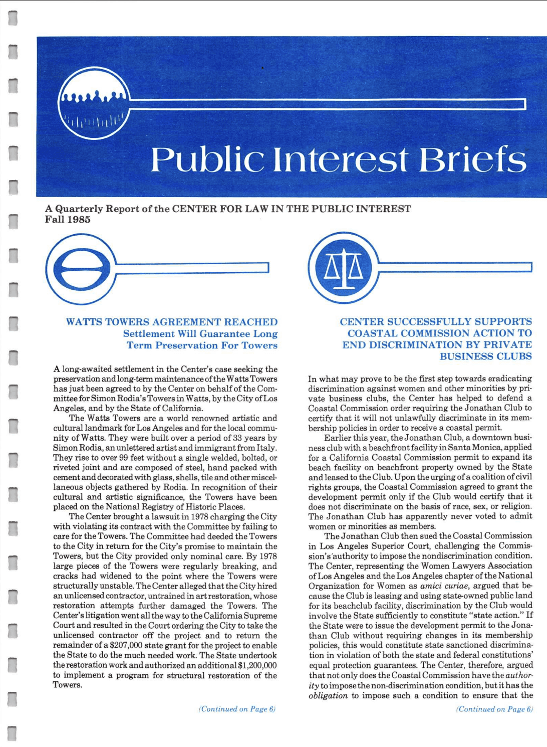 Cover of Center for Law In The Public Interest's Quarterly Report, Fall 1985 Edition Public Interest Briefs