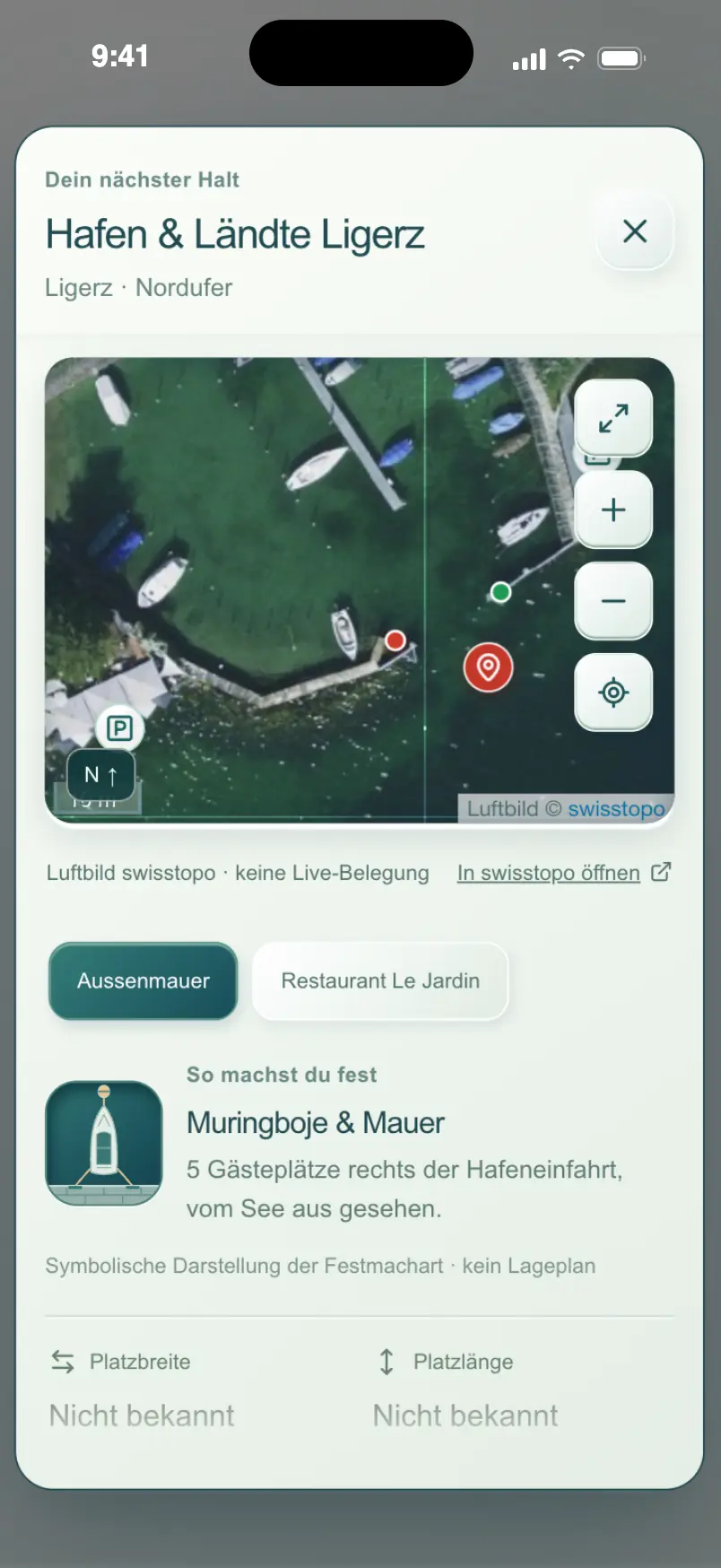 seegang Hafendetail Ligerz mit Luftbild und Festmachart