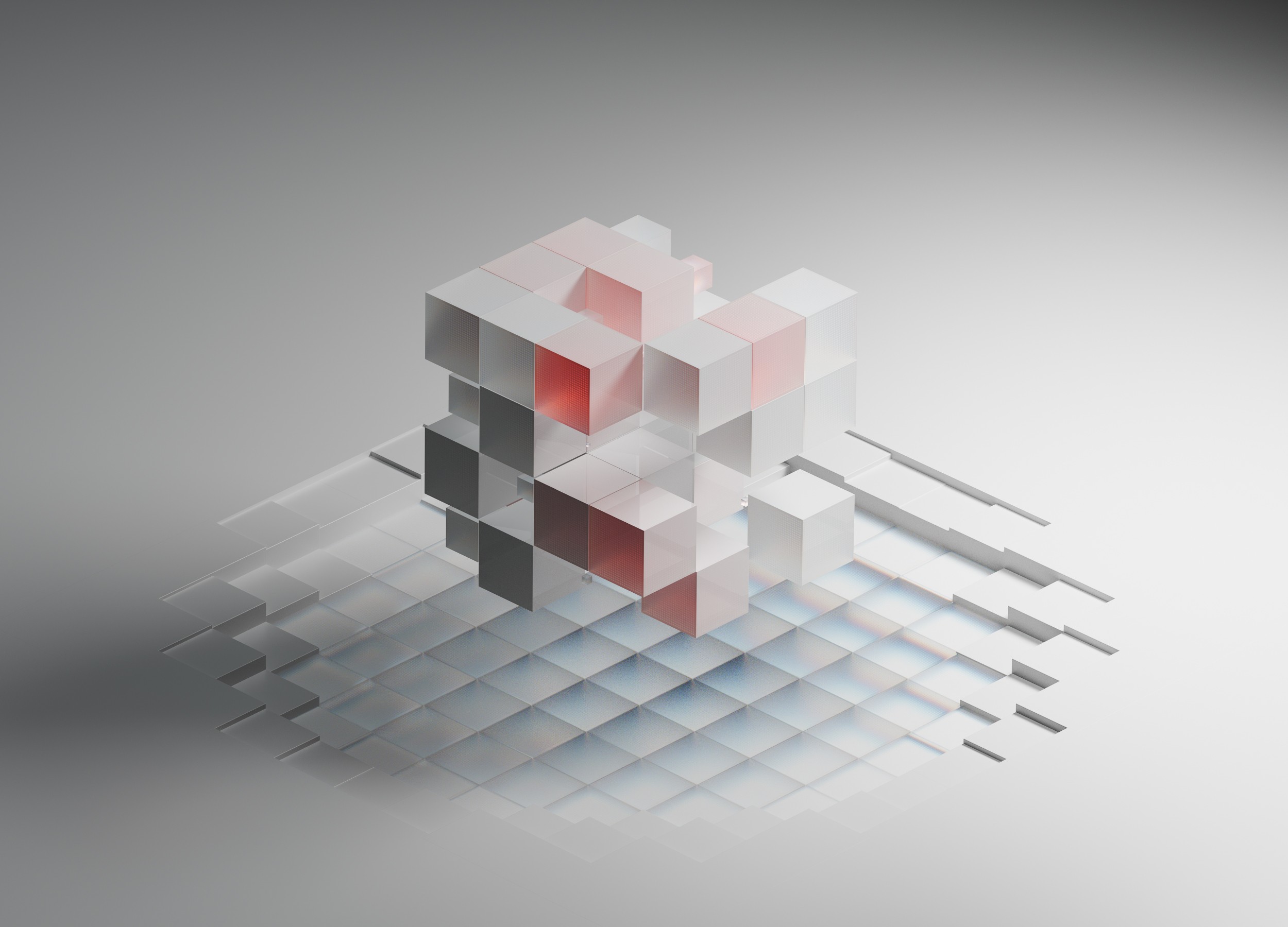 Dynamic 3D models of cubes in Cinema 4D, using Redshift to represent data flows and analytical insights in a digital space