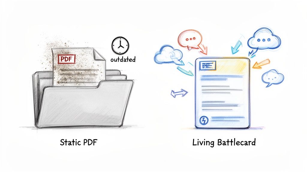 A visual comparison contrasting an outdated static PDF document with a dynamic, cloud-connected living battlecard.