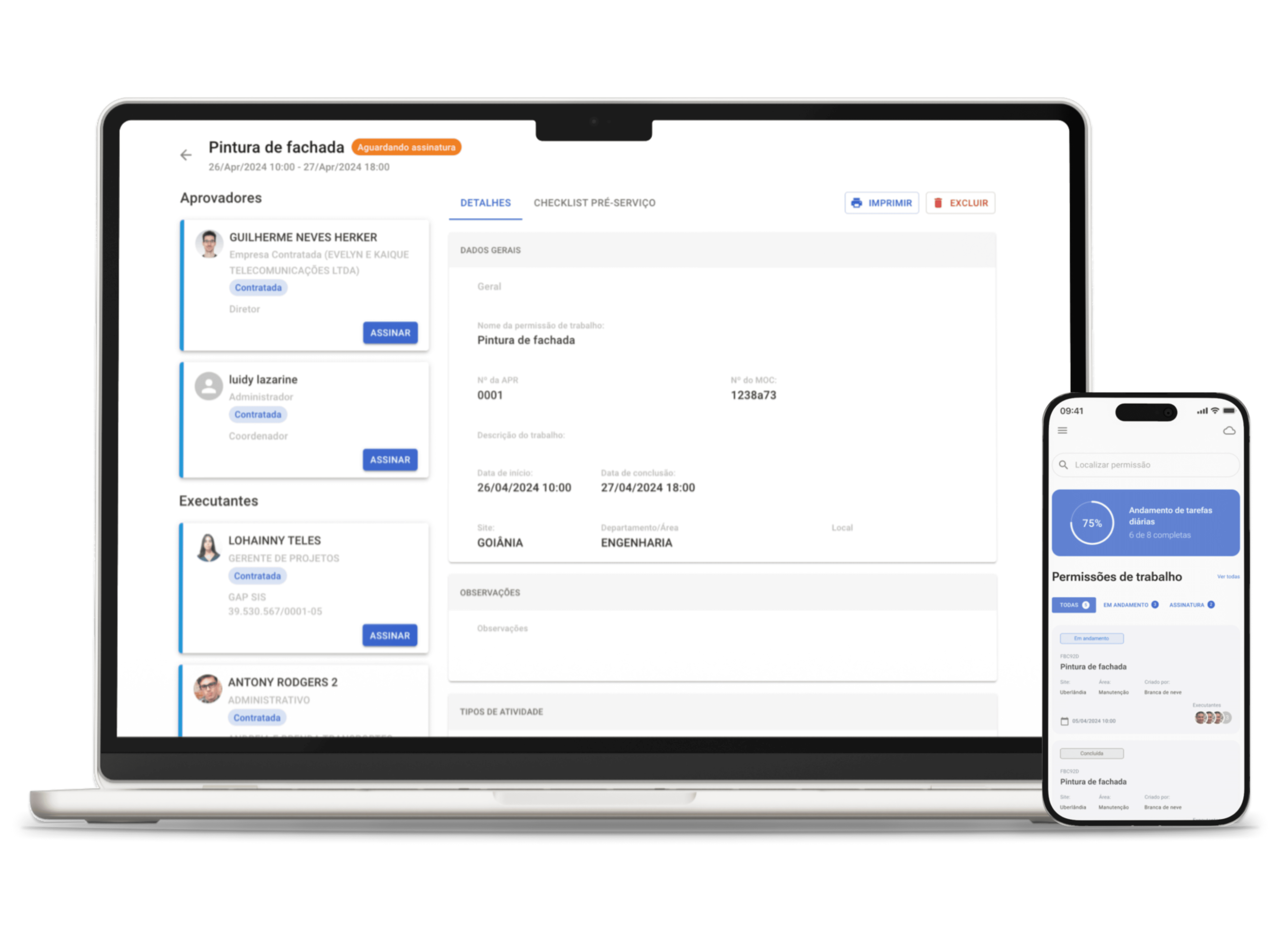 Tela de computador e de celular, mostrando como é feita uma permissão de trabalho pelo sistema da GAP