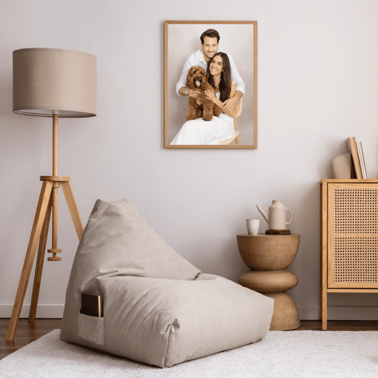 Couple with child in holiday scene, great for couple photoshoot with seasonal joy and warmth."
