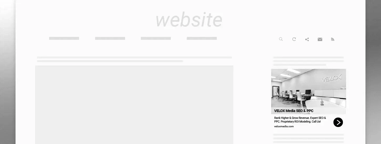 Grayscale screenshot mockup of a website layout with a Google search ad card for VELOX Media SEO and PPC.