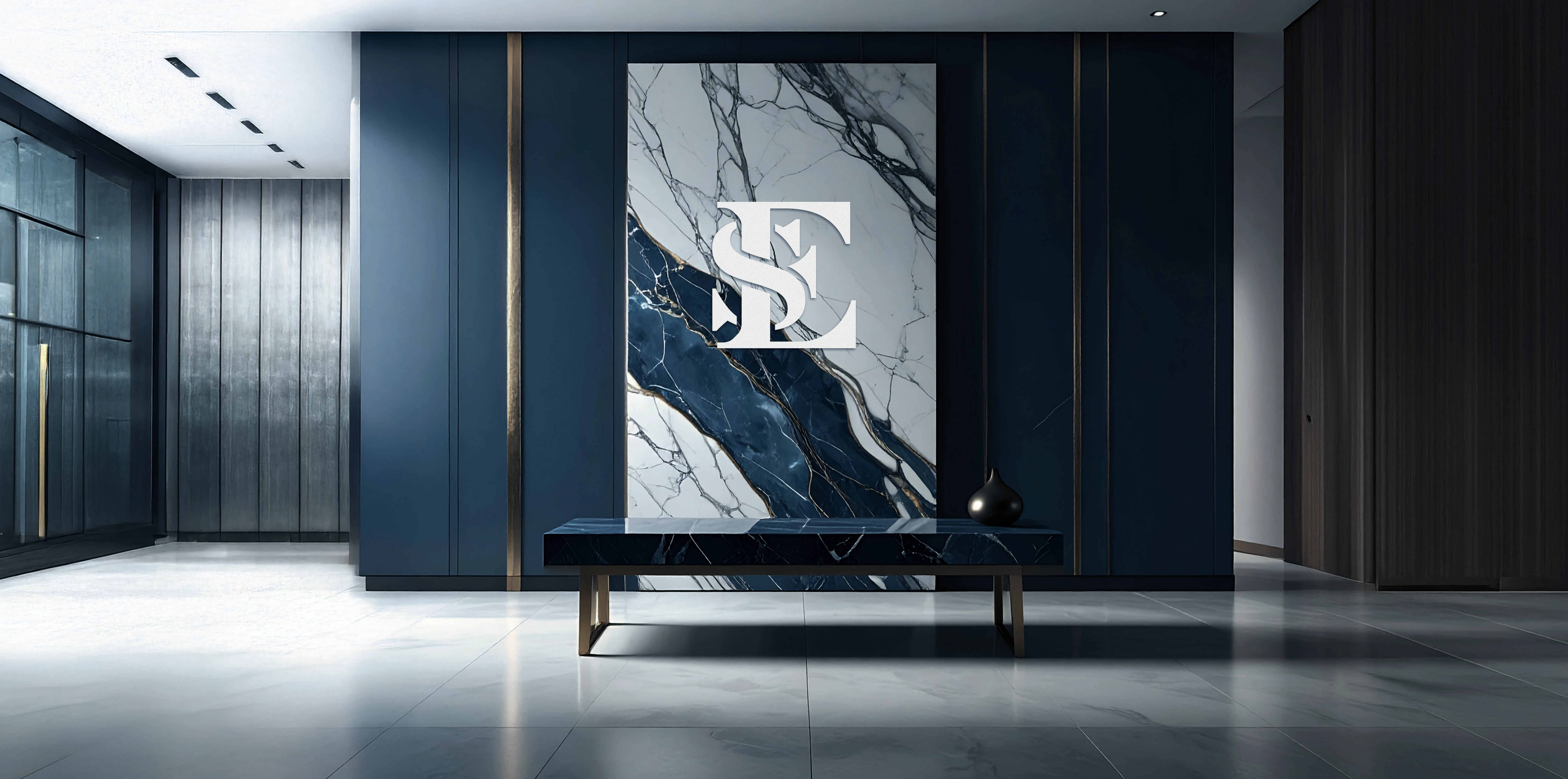 Stone Expertise monogram logo integrated into a luxury interior space with blue marble wall, natural stone surfaces and contemporary architectural design.