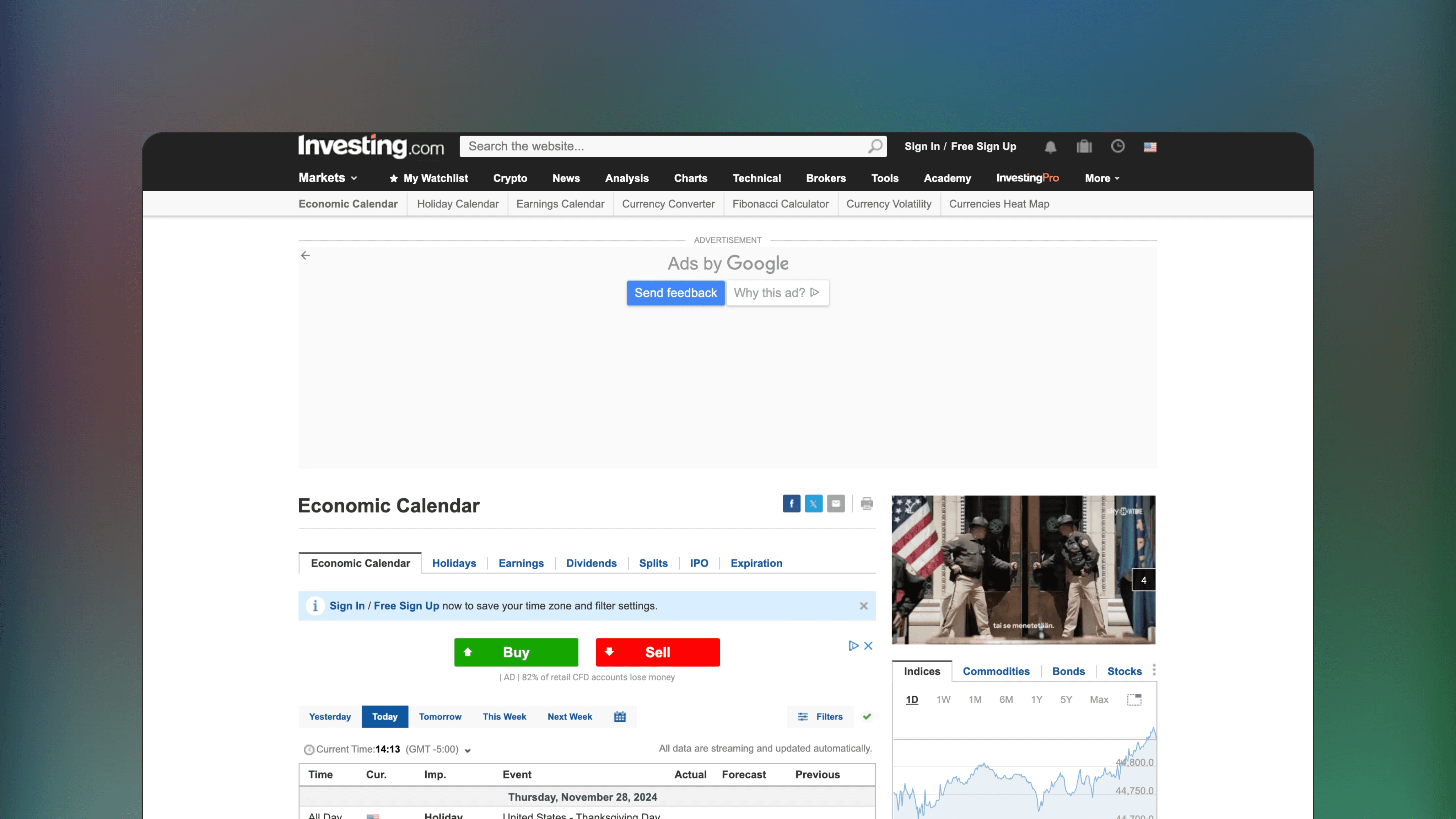 Website preview of Investing.com Economic Calendar, trade management tracking platform displaying a list of global economic events.