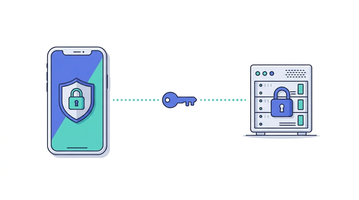 Illustration of a phone with a padlock shield connected to a locked server by a key, representing encrypted storage and a secure API