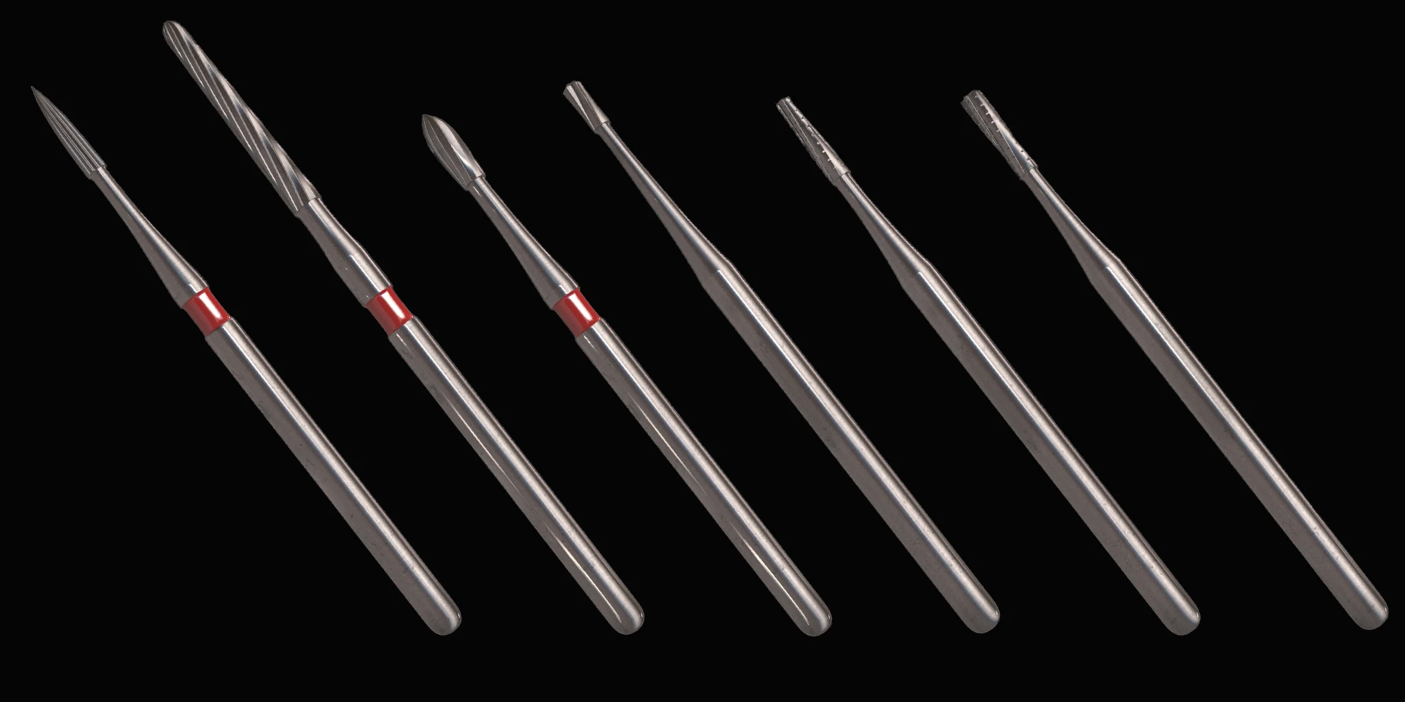 Six sleek metallic chopsticks arranged diagonally against a black background.