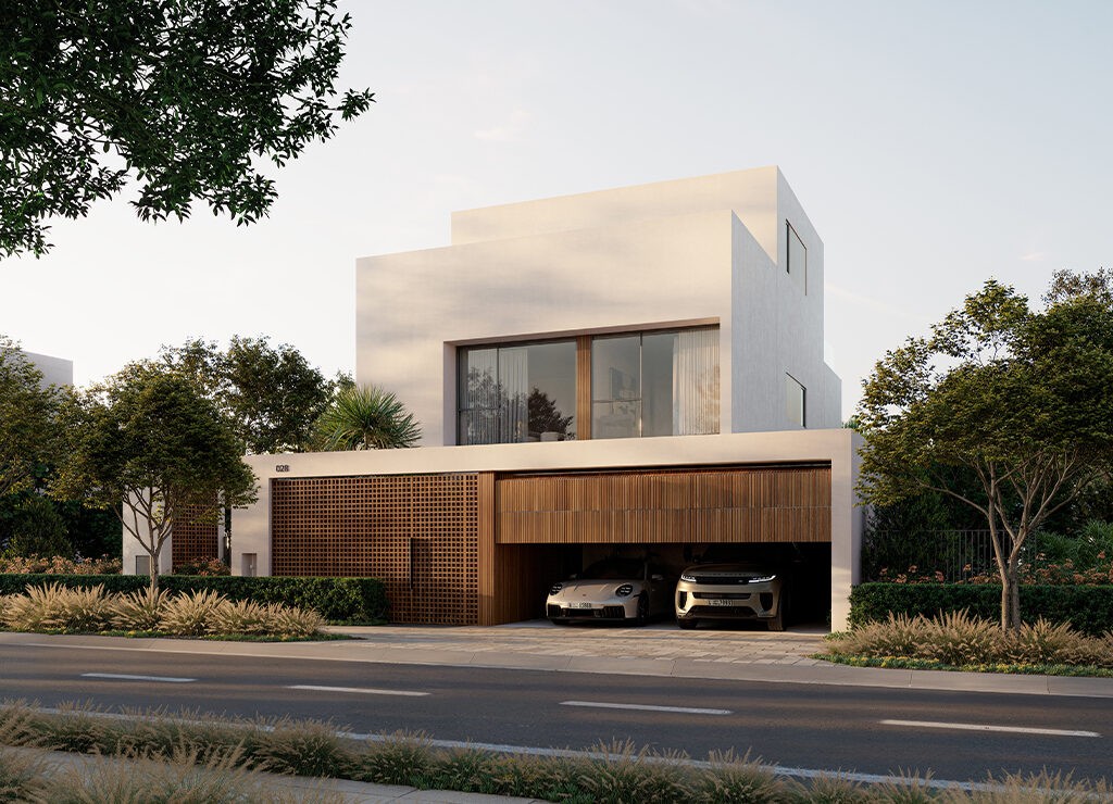 Contemporary Dubai villa showcasing elegant design, large windows, and a spacious terrace with a view of the skyline.