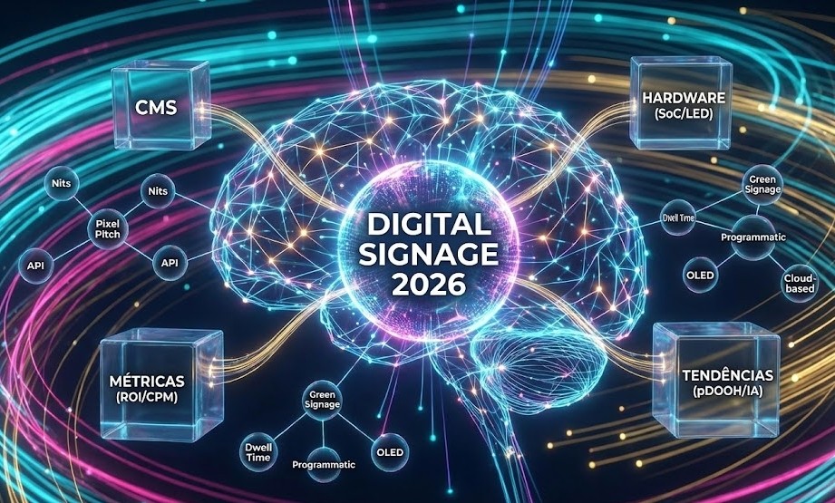 Infográfico futurista visualizando um "cérebro" digital central com o texto "DIGITAL SIGNAGE 2026". Quatro nós principais interconectados em cubos transparentes destacam as categorias "CMS", "HARDWARE (SoC/LED)", "MÉTRICAS (ROI/CPM)" e "TENDÊNCIAS (pDOOH/IA)", com termos menores ramificando-se, como "API", "OLED" e "Green Signage", sobre um fundo de redes de dados luminosas.