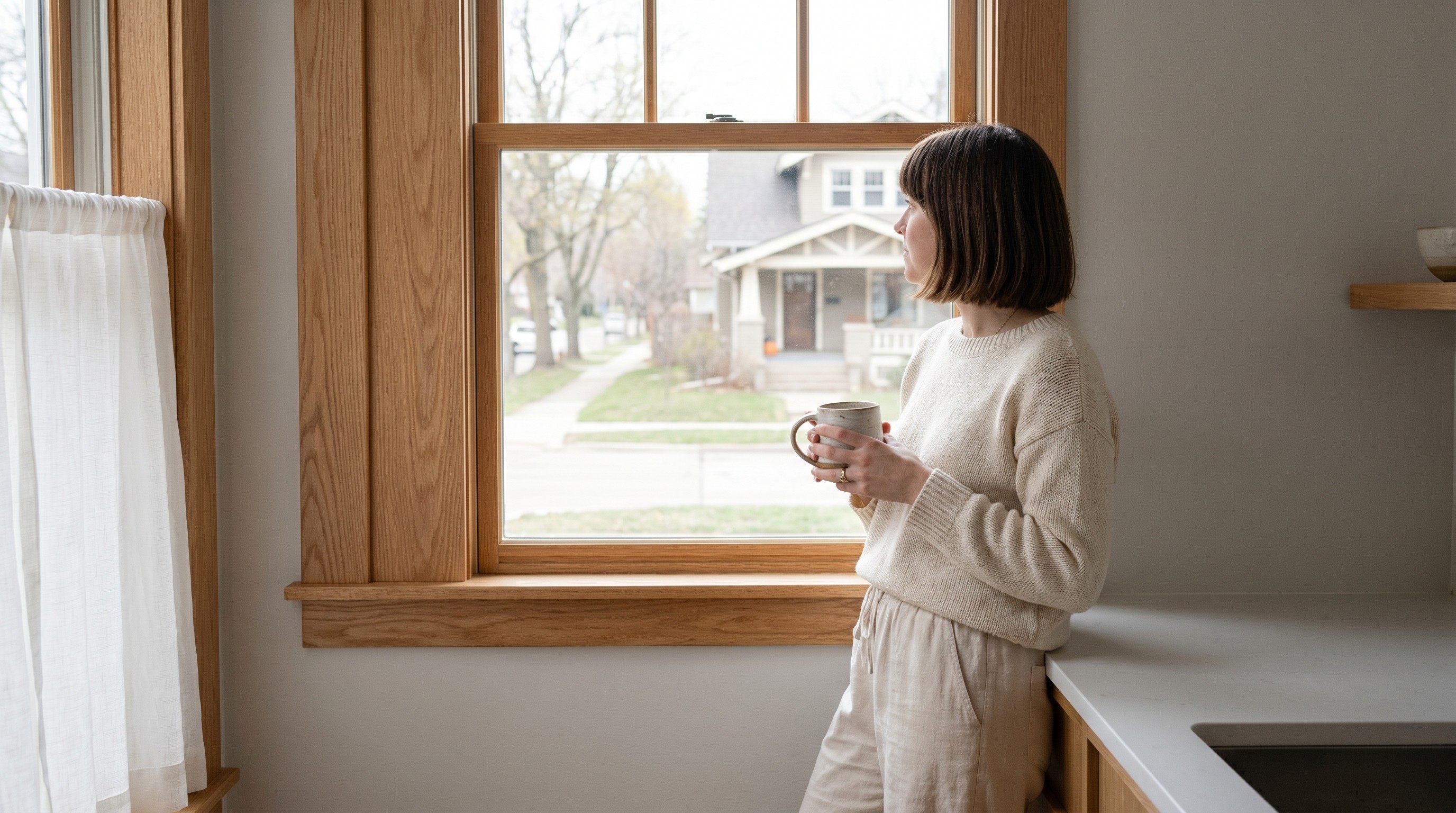 Woman in soft morning light at minimalist kitchen window holding coffee, thoughtful and calm expression