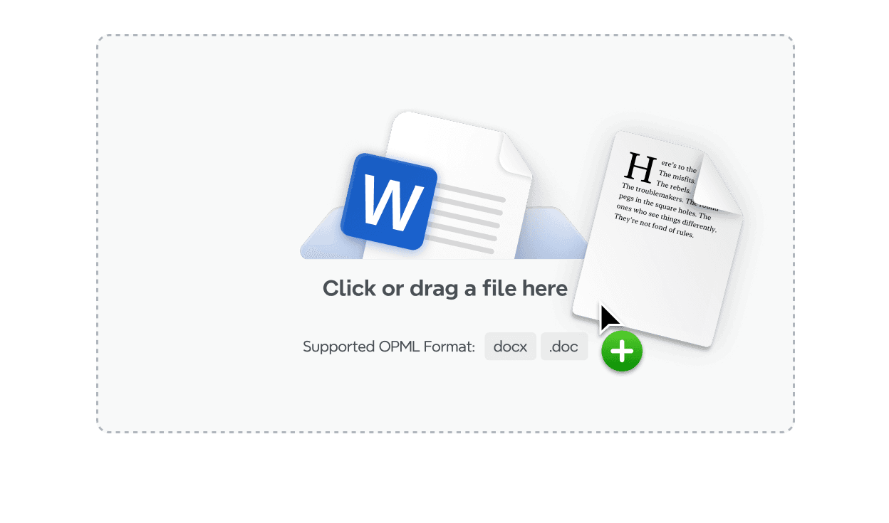 Step 1 illustration: uploading a Word or doc file to begin converting it into a mind map