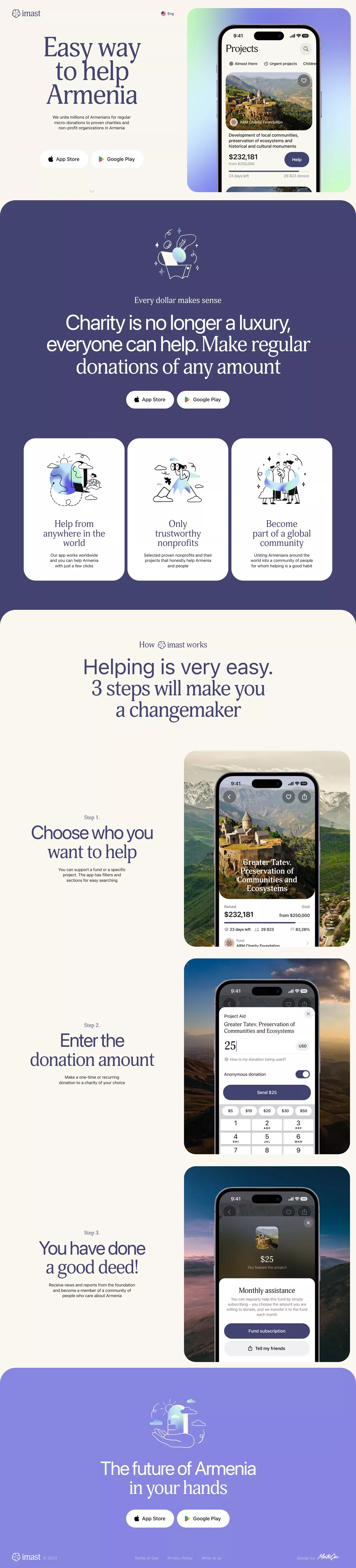 IMAST landing page screenshot showcasing Tech and Charity design