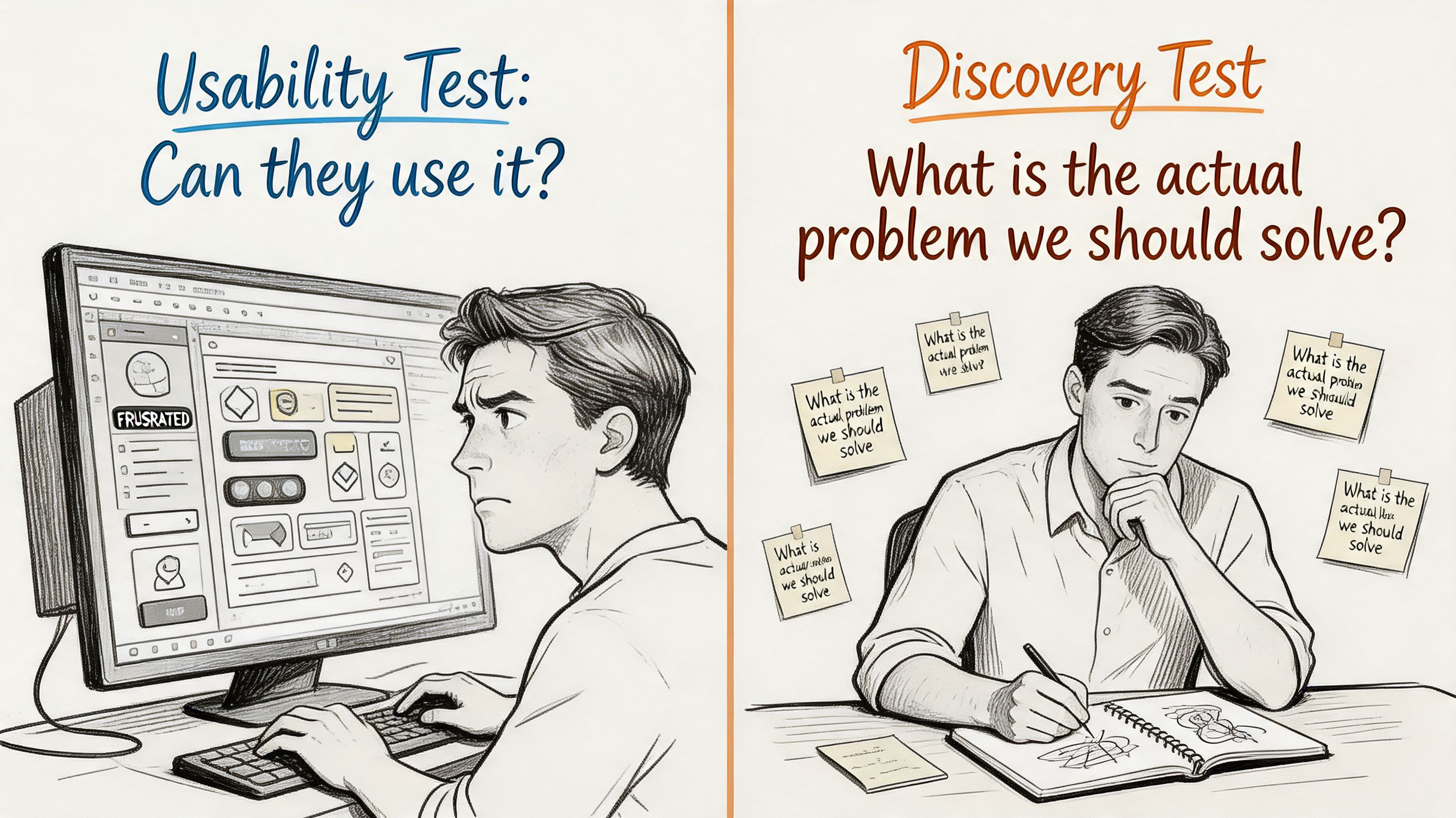 A comparison drawing showing a frustrated user testing software versus a researcher brainstorming problem-solving solutions.