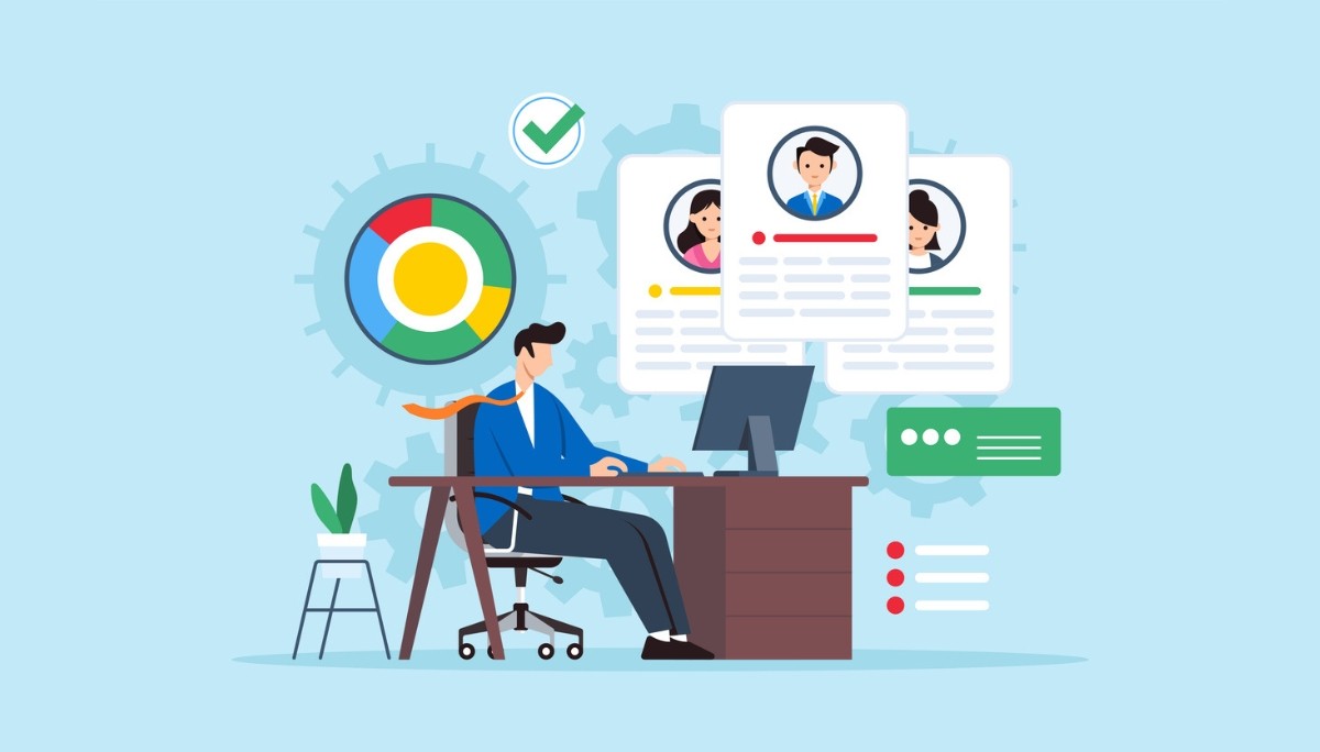 Illustration of a professional reviewing employee profiles and performance charts at a desk, representing the evaluation process behind performance improvement plans and how employees can navigate them successfully.
